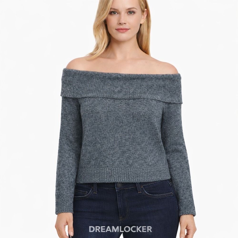 Lucky Brand Off Shoulder Metallic‎ Shimmer Cropped Sweater Gray Soft XL NEW
